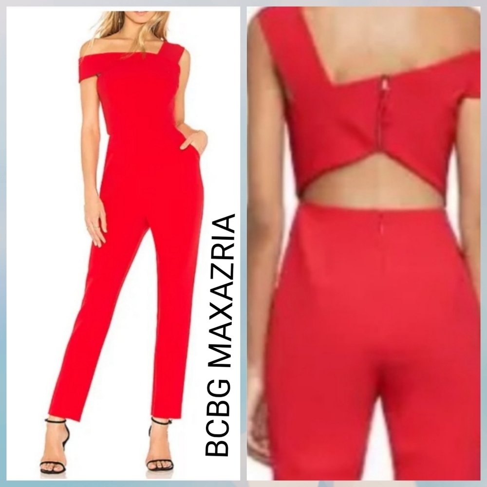 NWT BCBGMAXAZRIA Haida Off Shoulder Jumpsuit in Red Berry women’s